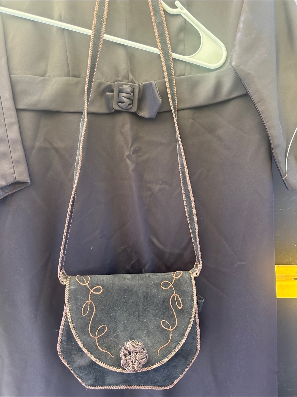 Escada Black Velvet Crossbody Bag with Tan Embroidery